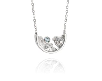 Paradise necklace -  ocean inspired ark shaped necklace crafted from eco-friendly recycled 925 sterling silver and blue topaz gemstone.