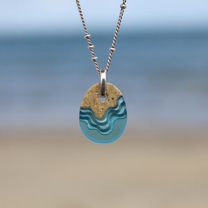 Oceanfront necklace cute ocean inspired necklace handmade from beach sand and aquamarine blue resin an a dainty chain image 5