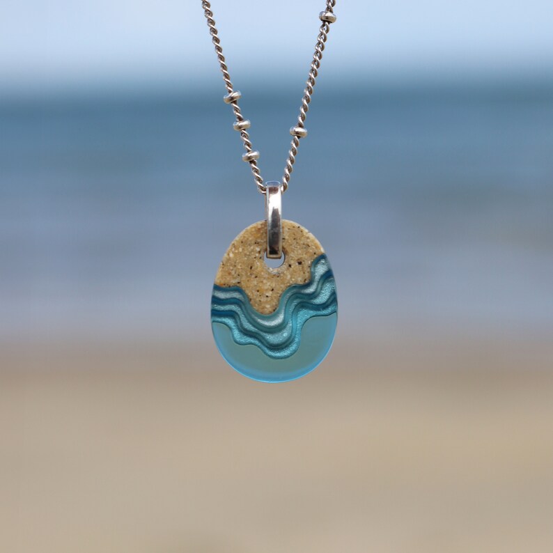 Oceanfront necklace cute ocean inspired necklace handmade from beach sand and aquamarine blue resin an a dainty chain image 5