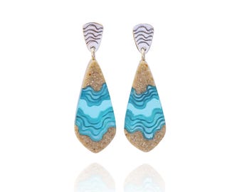 Gorge dangle earrings - inspired by the ocean and crafted from beach sand aquamarine blue resin