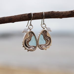 Eddy earrings teardrop shaped dangled earrings with aquamarine blue acrylic inlays and white agate beads on stainless steel hooks image 1