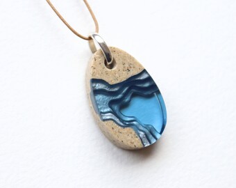 Cove pendant - teardrop shaped necklace handcrafted from beach sand and ultramarine blue resin on waxed caramel cotton cord