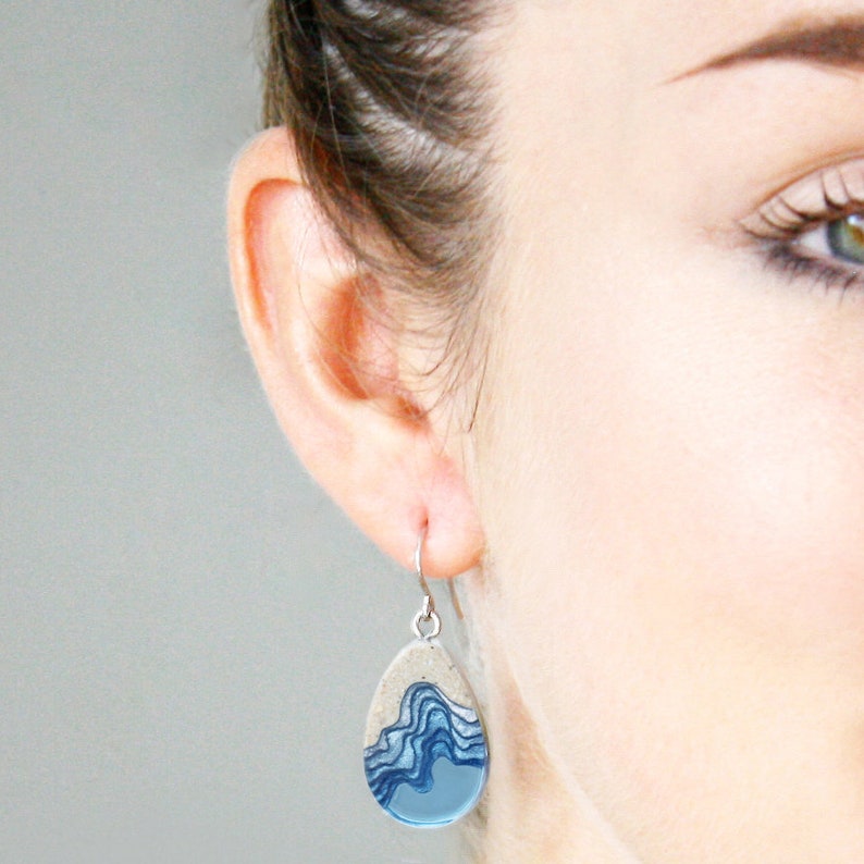 Seashore Earrings Unique dangle tear drop earrings handmade from beach sand and ultramarine blue resin