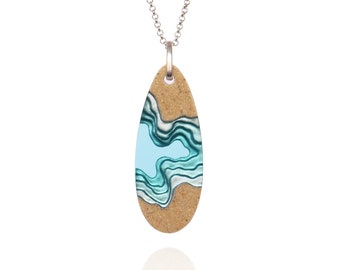 The Fjord - Long pendant necklace handmade from beach sand and aqua blue resin on a chain