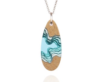 The Fjord - Long pendant necklace handmade from beach sand and aqua blue resin on a chain