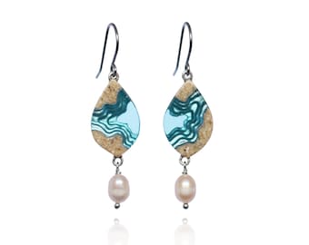 Bay Earrings - Leaf shaped dangle earrings handmade from beach sand and blue resin with freshwater pearls