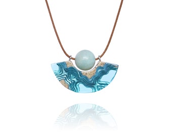 Reef necklace- Modern ark shaped pendant handmade from beach sand, aquamarine blue resin and Amazonite gemstone featuring topographic layers