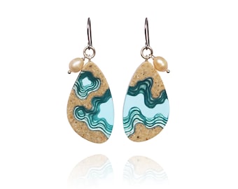 Rockpool earrings - Large tear drop dangle earrings made from beach sand, aquamarine blue resin and freshwater pearls on french hooks