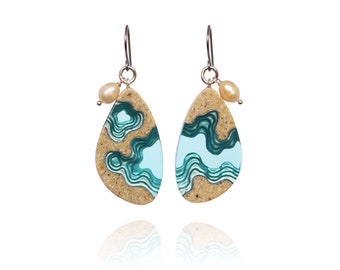Rockpool Dangle Earrings – Beach Sand, Aquamarine Resin, and Freshwater Pearls