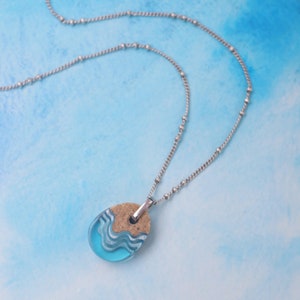 Oceanfront necklace cute ocean inspired necklace handmade from beach sand and aquamarine blue resin an a dainty chain image 7