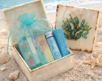 Christmas Coral Tree Coastal Spa Gift Set Ocean Mini Bath Box Foot Soak Artisan Soap Strips Sea Salt Vial Seashells  Gift Stocking Stuffer