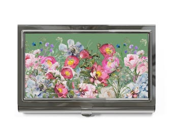Tarjetero con diseño de ramo de flores silvestres / Estuche metálico floral para tarjetas de visita coleccionables