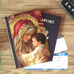 Religious Madonna Passport Cover, Pilgrimage Travel Holder, Catholic ID Wallet, Virgin Mary Document Protector, Christian ID Case