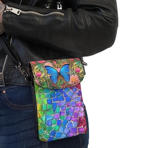 Cartera cruzada con diseño de mosaico de mariposas y vitrales, monedero para teléfono, minibolso de hombro, soporte para celular, funda pequeña tipo billetera