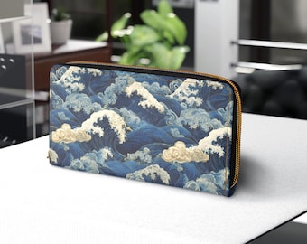Cartera con cremallera estilo ola japonesa, accesorio de bolso de mano Sumi e Ocean