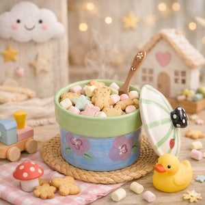 May include: A ceramic bowl with a lid, filled with teddy bear and star-shaped cookies and marshmallows. The bowl is green and blue with floral designs. A wooden spoon rests inside. A yellow rubber duck and other decorative items are nearby.