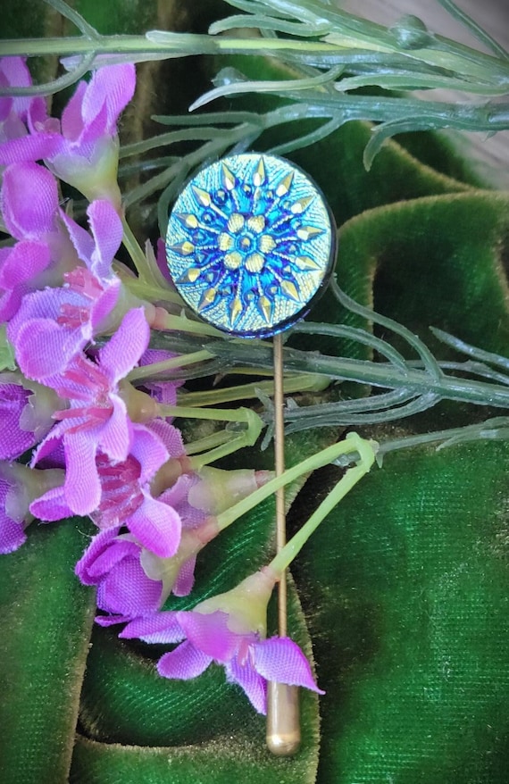 Antique Blue Glass Czech Button Stick Pins, Antiqu