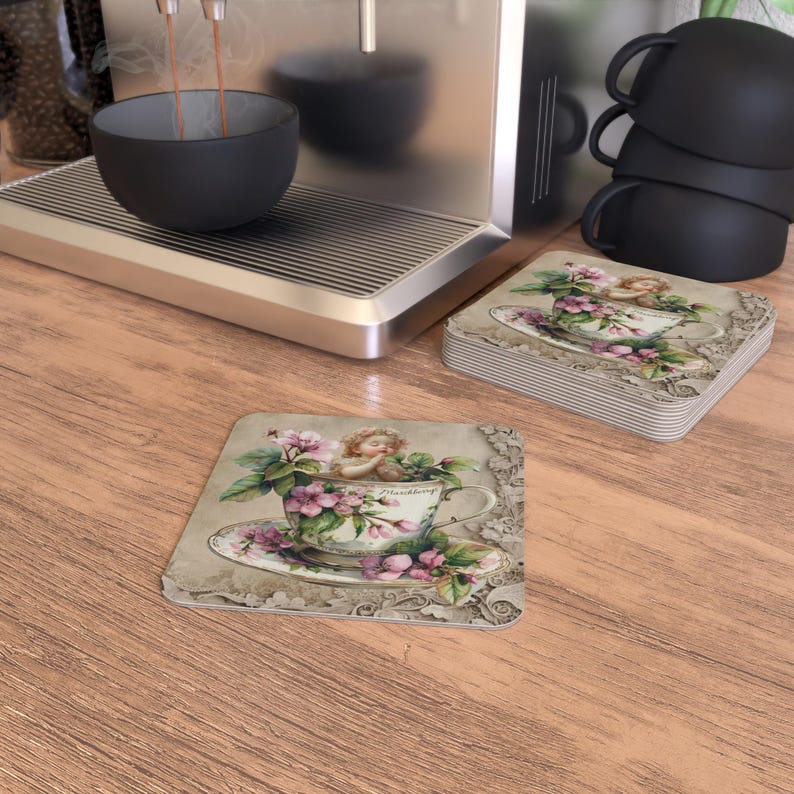 Victorian Cherub in Teacup Chipboard Coasters | Drink Coaster Set ...
