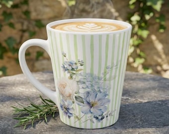 Watercolor Stripes Floral Latte Mug | Coffee Tea Cup | Hand-Painted Flower Design
