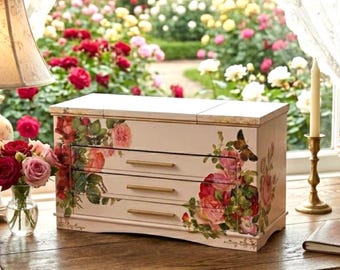 Large Decorated Wooden Jewelry Box with Mirror, Drawers, Compartments, Farmhouse Vanity Chest