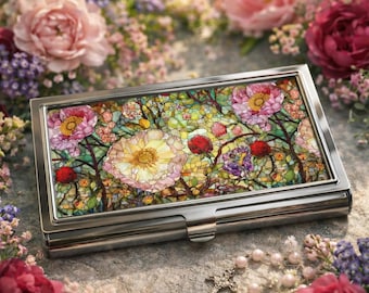Floral Mosaic Business Card Holder, Elegant Office Gift, Calling Card Case