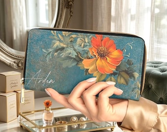 Orange Floral Wallet • Botanical Zipper Clutch • PCS Garden Accessory