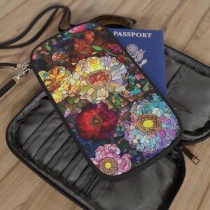 Cartera para pasaporte con diseño floral de amapola y mosaico, organizador de viaje, regalo para viajeros, elegante accesorio de viaje, funda para pasaporte con diseño floral