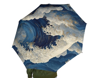 Japanese Ocean Wave Cloud Pattern Umbrella | Blue Swirl Storm Art