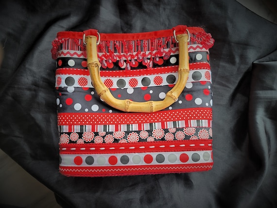 Handmade Straw & Bamboo Handle Handbag - Beaded, … - image 1