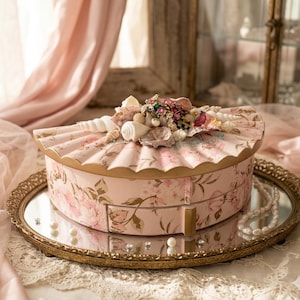 May include: A round, light pink jewelry box with a floral pattern and a scalloped lid. The lid is decorated with white seashells and a cluster of colorful, sparkling rhinestones. The box features a small pull-out drawer with a gold handle.