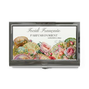 Tarjetero - Etiqueta de perfume francés vintage II con rosas antiguas, tarjetero floral, accesorio de escritorio retro, oficina