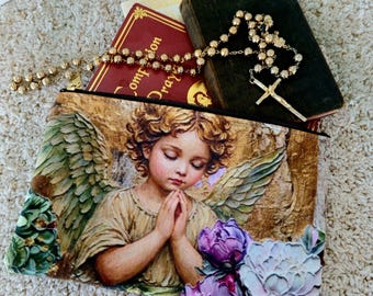 Praying Angel Accessory Pouch – Vintage Cherub Floral Zipper Bag - Makeup Bag - Travel essentials