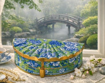 Chinoiserie Fan Shaped Jewelry Box, Vibrant blue & Green Vanity Decor, Velvet Lined Drawer, Old World Charm