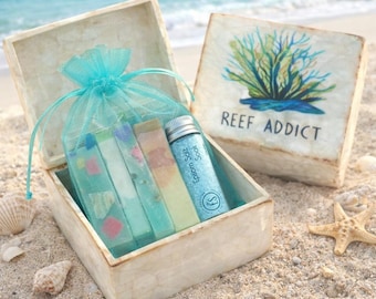 Reef Addict Coastal Spa Gift Set Ocean Mini Bath Box Foot Soak Artisan Soap Strips Sea Salt Vial Seashells & Sea Glass Seaside Cottage Gift