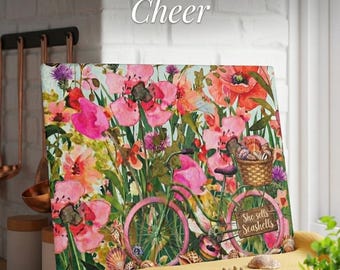 Poppy Bicycle with Seashells Glass Cutting Board | Floral Coastal Kitchen