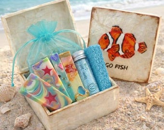 Go Fish Coastal Spa Gift Set Ocean Blue Mini Bath Box Foot Soak Artisan Soap Strips Sea Salt Vial Seashells & Sea Glass Seaside Cottage Gift