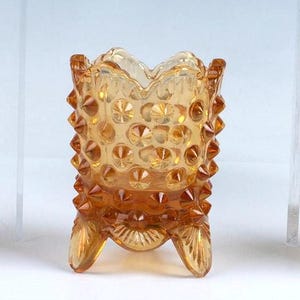 Vintage Glass Toothpick Holder Amber Hobnail Scalloped edge