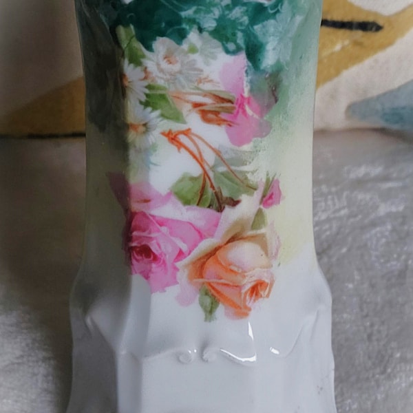 Antique Victorian Bisque Hatpin Holder, Porcelain hand painted Roses