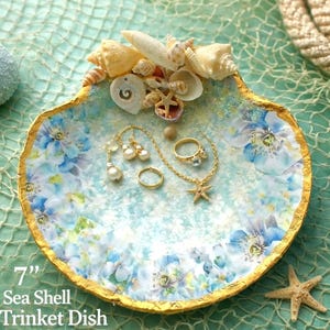 Blue Watercolor Floral Scallop Seashell, 7" shell,  Gold Leaf + Free Mini Ocean Spa Soap Gift Set | Coastal Decor