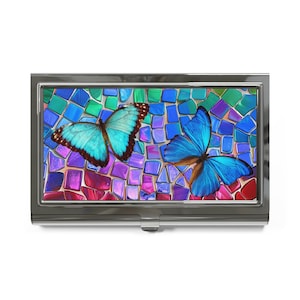 Colorful Butterfly Business Card Holder, Artistic Card Case, Unique Desk Organizer, Gift for Her, Custom Holder