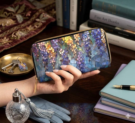 Wisteria Wallet | Floral Clutch • Botanical Zipper • Vegan Leather Coin Purse • Trendy Garden Lover Gift