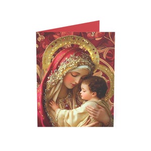 May include: A greeting card featuring a religious illustration of a woman in a red veil and gold halo, cradling a child. The artwork has a vintage style with ornate details and a warm color palette, including red, gold, and cream.