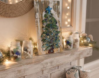 Sea Glass Christmas Tree Art Board • Coastal Holiday Decor • Gold Leaf Tree Art • Beaded Christmas Wall Hanging • 5.5x11 Gift