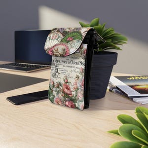 Cartera para teléfono móvil con etiqueta de perfume de París y diseño de abanicos vintage: llavero, monedero, tarjetero, bandolera pequeña.