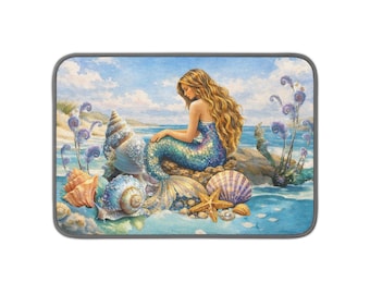 Mermaid Coastal Microfiber Kitchen Dish Mat | Beach Theme Counter Drying Mat