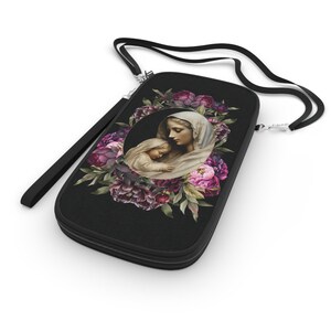 Religiöse Crossbody-Brieftasche, Madonna und Jesuskind-Design, Pfingstrosen-Blumendruck, christliches Geschenk, religiöses Accessoire, Rosenkranzhalter