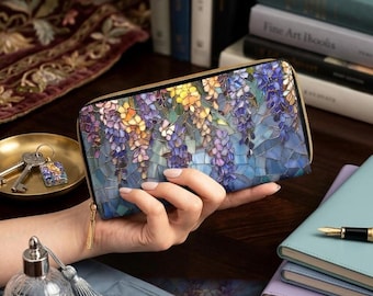 Wisteria Wallet | Floral Clutch • Botanical Zipper • Vegan Leather Coin Purse • Trendy Garden Lover Gift