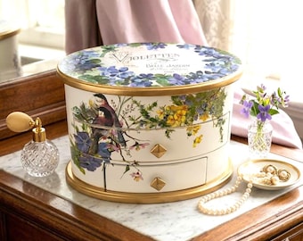 Custom Oval Jewelry Box with Mirror | Decorated Wooden Floral Storage, Vintage French Label Vanity Chest