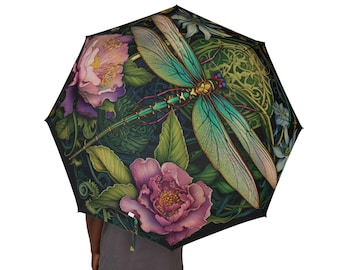 Paraguas floral con diseño de libélula - Diseño de jardín botánico, paraguas compacto para viajes.