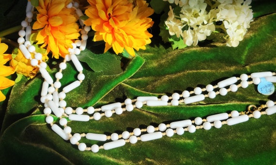 Vintage Flapper White Glass Beaded Necklace 50" 1… - image 1